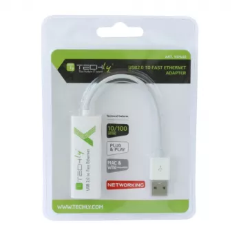Techly USB2.0 Fast Ethernet 10/100 Mbps muundur, juhtmega, USB, Ethernet, 100 Mbit/s, valge