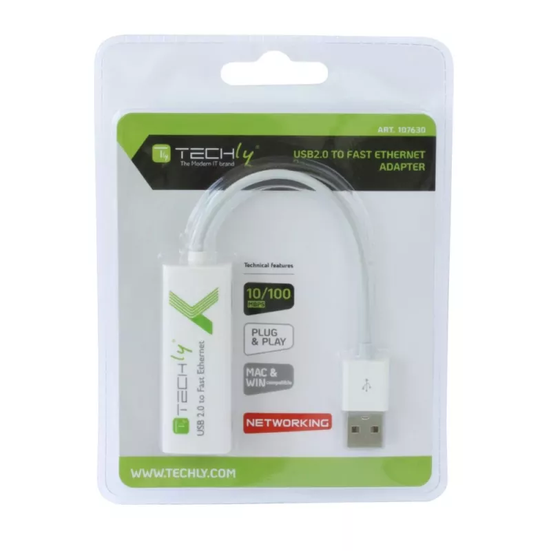 Techly USB2.0 Fast Ethernet 10/100 Mbps muundur, juhtmega, USB, Ethernet, 100 Mbit/s, valge
