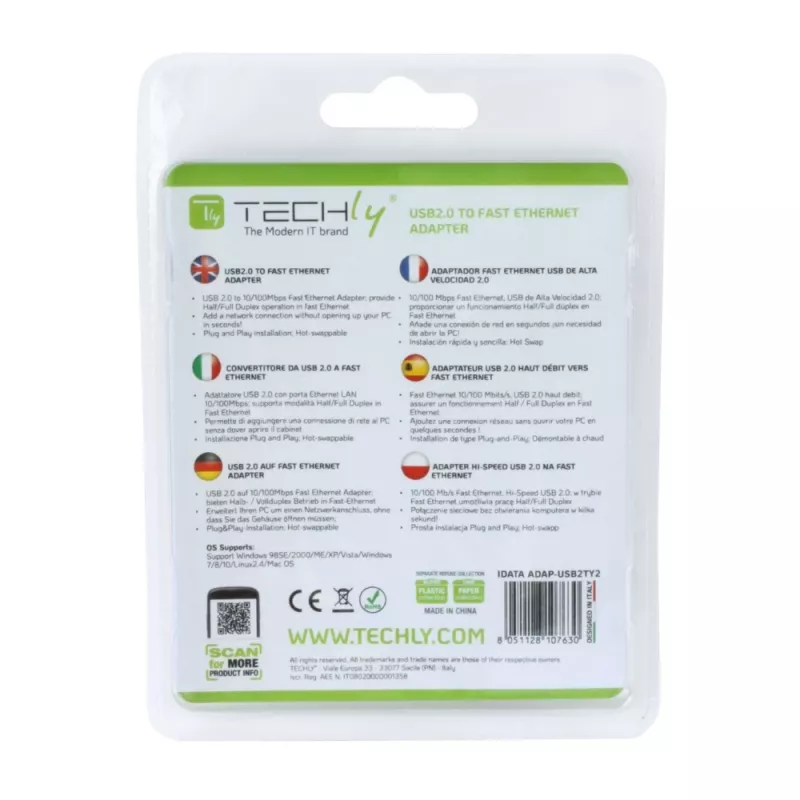 Techly USB2.0 Fast Ethernet 10/100 Mbps muundur, juhtmega, USB, Ethernet, 100 Mbit/s, valge