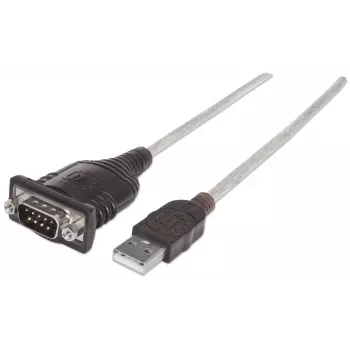 Manhattan USB-A - jadaliidese muundurkaabel, 45 cm, isane-isane, Serial/RS232/COM/DB9, Prolific PL-2303HXD kiip, must/hõbedane kaabel, kolmeaastane garantii
