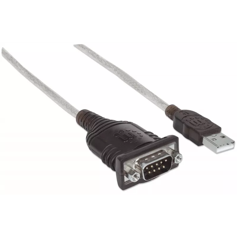 Manhattan USB-A - jadaliidese muundurkaabel, 45 cm, isane-isane, Serial/RS232/COM/DB9, Prolific PL-2303HXD kiip, must/hõbedane kaabel, kolmeaastane garantii