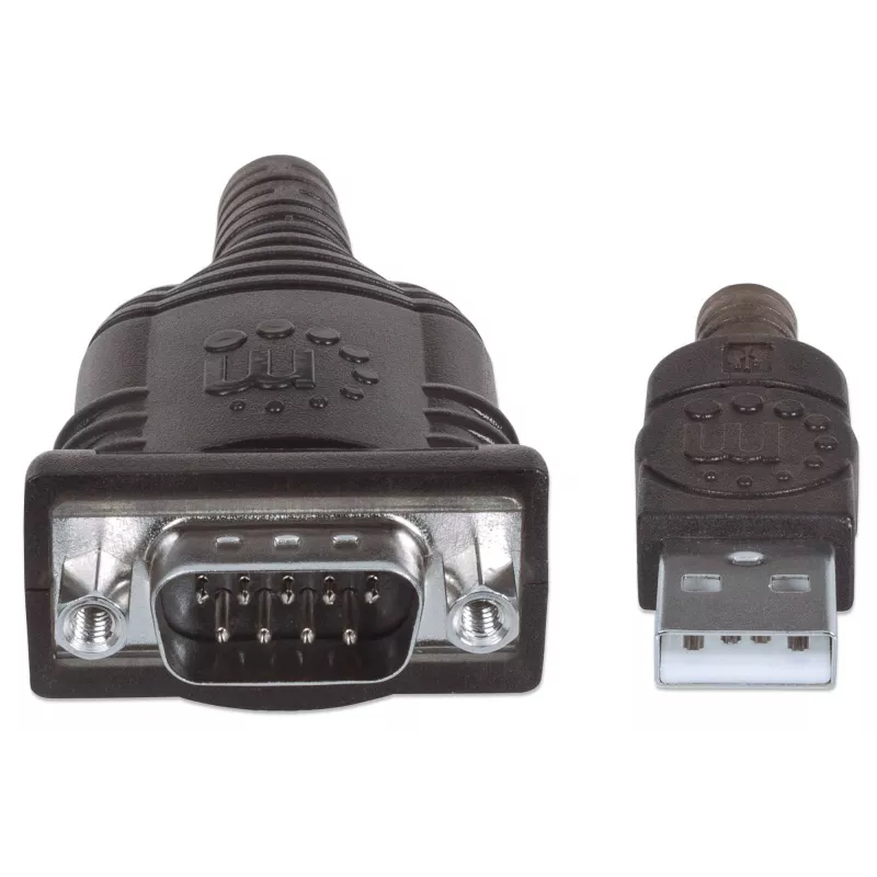 Manhattan USB-A - jadaliidese muundurkaabel, 45 cm, isane-isane, Serial/RS232/COM/DB9, Prolific PL-2303HXD kiip, must/hõbedane kaabel, kolmeaastane garantii
