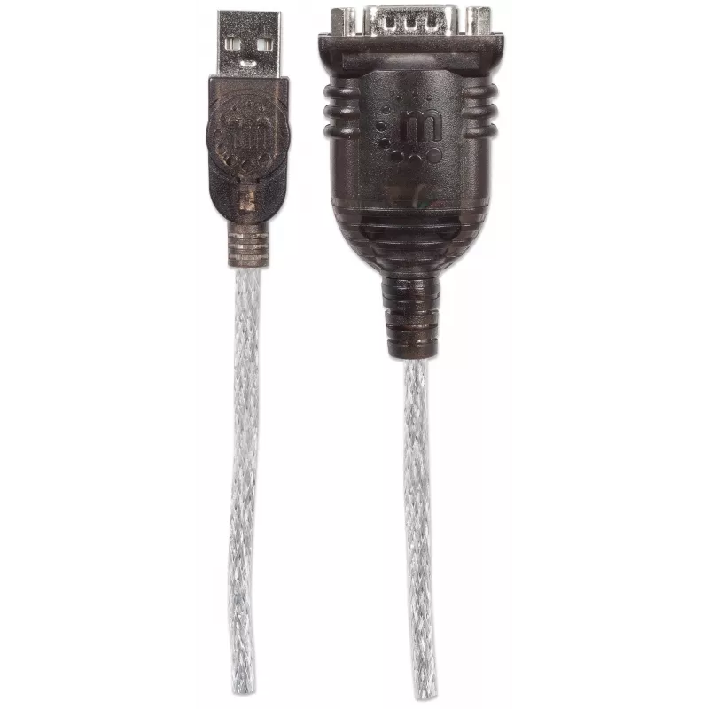 Manhattan USB-A - jadaliidese muundurkaabel, 45 cm, isane-isane, Serial/RS232/COM/DB9, Prolific PL-2303HXD kiip, must/hõbedane kaabel, kolmeaastane garantii