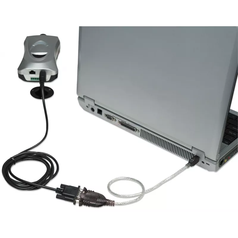 Manhattan USB-A - jadaliidese muundurkaabel, 45 cm, isane-isane, Serial/RS232/COM/DB9, Prolific PL-2303HXD kiip, must/hõbedane kaabel, kolmeaastane garantii
