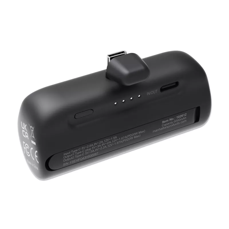 Manhattan akupank integreeritud USB-C pistikuga, 5000 mAh, kuni 20W väljund, tugijalg kasutamiseks laadimistelefonihoidjana, must, üheaastane garantii