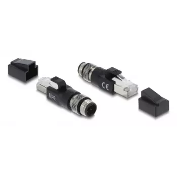 Adapter M12 D-kodeeringuga 4-kontaktiline (isane) RJ45-pistikule, DELOCK 90831, kullatud kontaktid, must