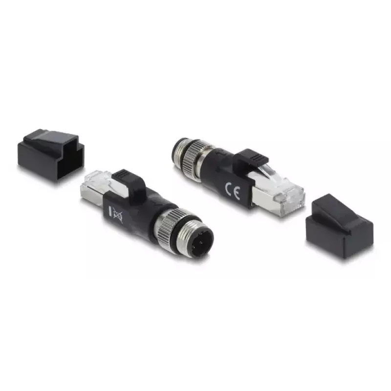 Adapter M12 D-kodeeringuga 4-kontaktiline (isane) RJ45-pistikule, DELOCK 90831, kullatud kontaktid, must