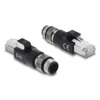 Adapter M12 D-kodeeringuga 4-kontaktiline (isane) RJ45-pistikule, DELOCK 90831, kullatud kontaktid, must
