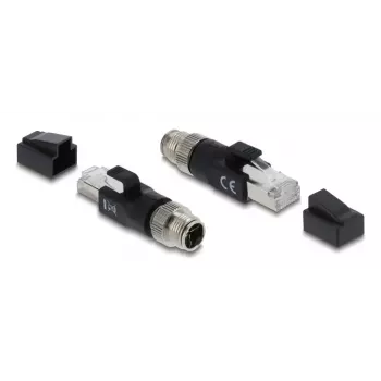 Adapter DELOCK M12 X-koodiga 8‑kontaktiline isane RJ45 pistikusse, kullatud kontaktid, must