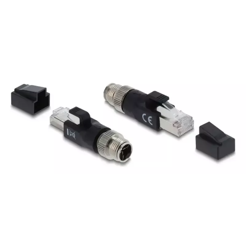 Adapter DELOCK M12 X-koodiga 8‑kontaktiline isane RJ45 pistikusse, kullatud kontaktid, must
