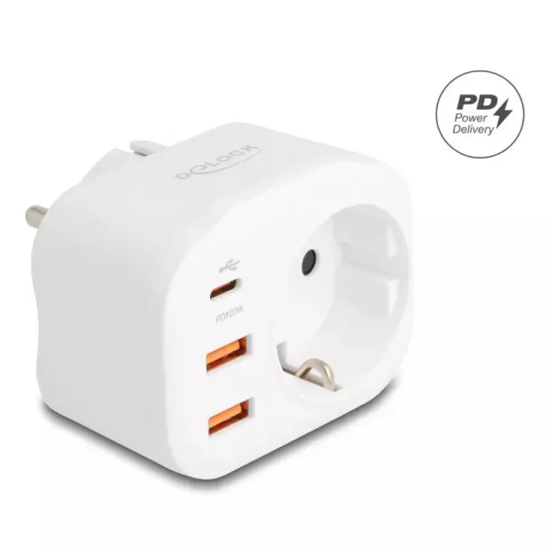 DeLOCK 11498 toitepistiku adapter Type E/F hübriid Type F valge