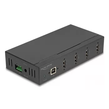 DELOCK liidesejaotur USB 2.0 Type-B kuni 4× USB 2.0 Type-A (480 Mbit/s), must, metallkorpus, alalisvoolutoitega