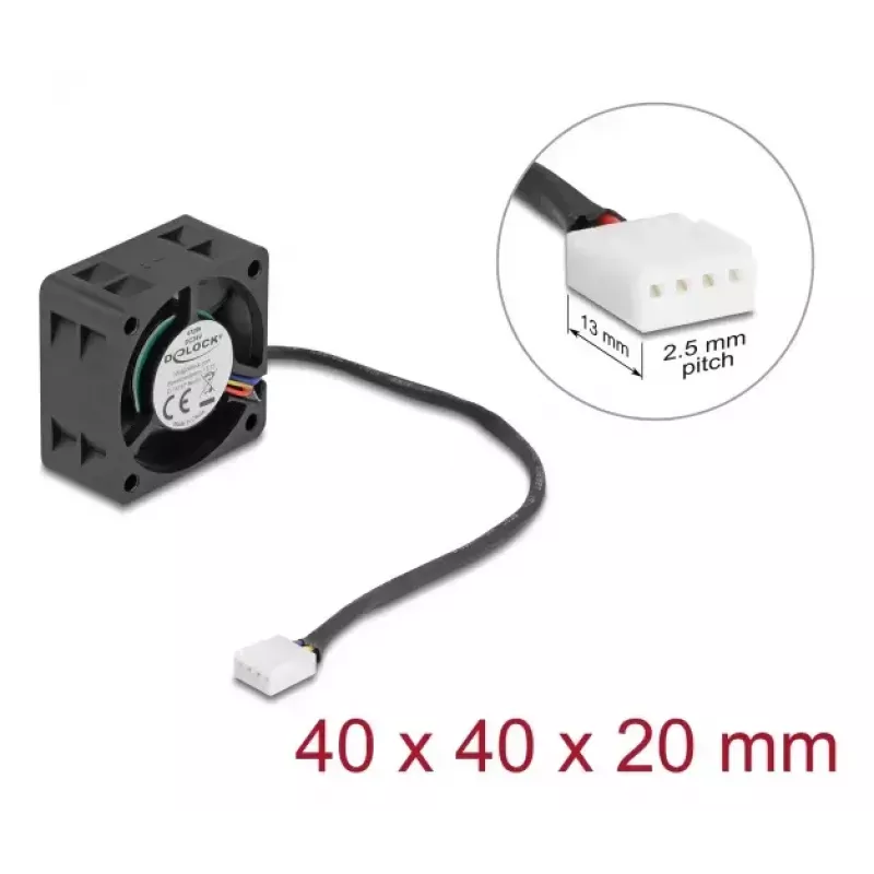 Arvutikorpuse ventilaator DELOCK 67299 — 40 x 40 x 20 mm, 24 V DC, kuullaager, 0,19 m³/h, must