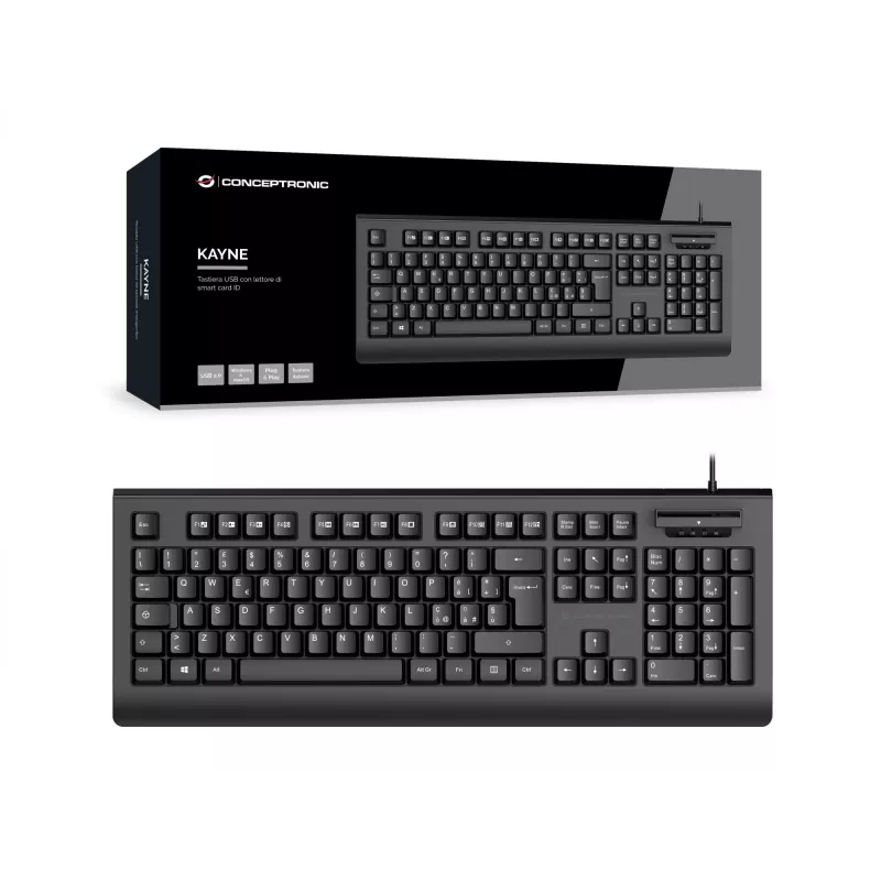 CONCEPTRONIC USB-klaviatuur nutika ID-kaardilugejaga KAYNE01IT — täissuuruses 105 klahvi, itaalia paigutus, juhtmega, 1,5 m kaabel, must