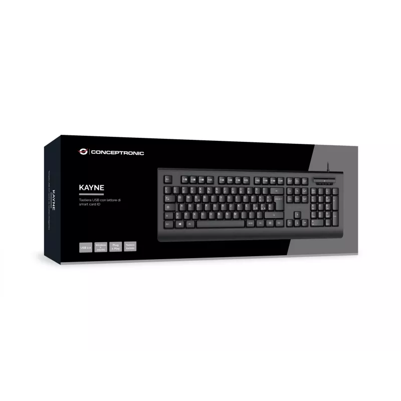 CONCEPTRONIC USB-klaviatuur nutika ID-kaardilugejaga KAYNE01IT — täissuuruses 105 klahvi, itaalia paigutus, juhtmega, 1,5 m kaabel, must
