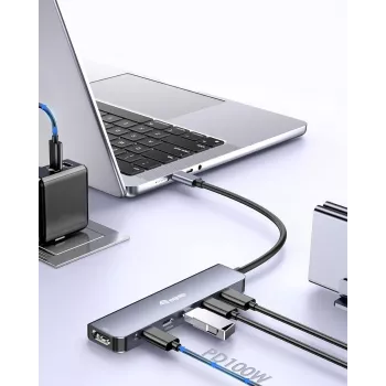 EQUIP USB-C 6‑in‑1 Multifunctional Adapter — HDMI 4K/60Hz, 4× USB‑C Gen2 (10Gbps), 100W PD, 0.25 m kaabel, hall