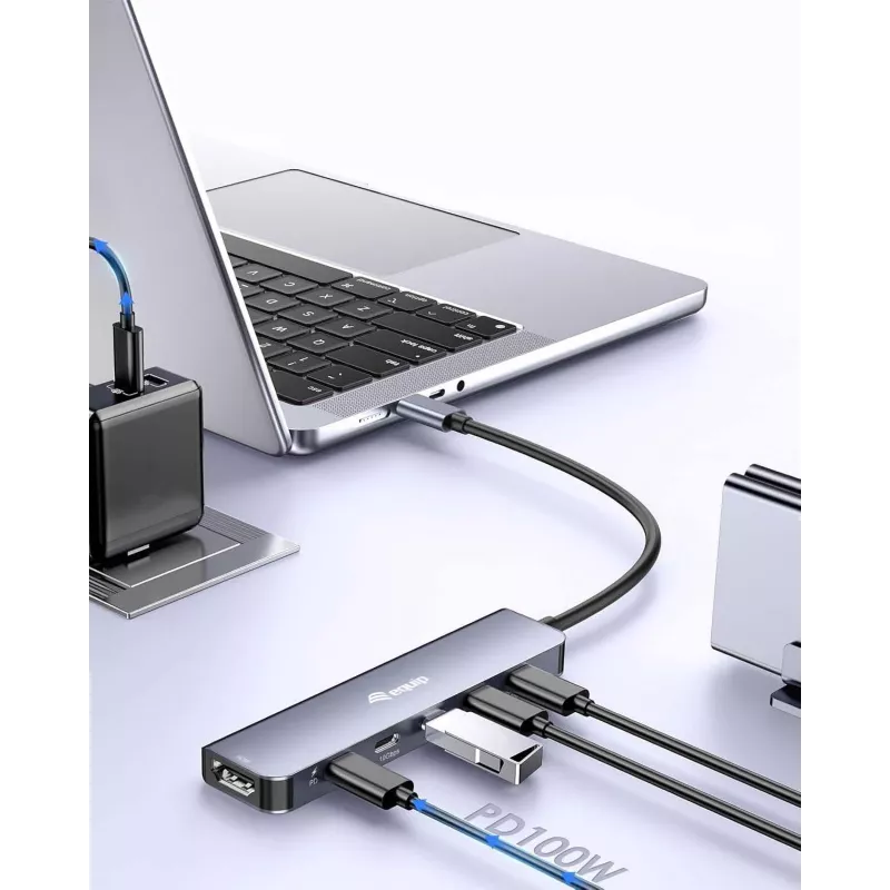 EQUIP USB-C 6‑in‑1 Multifunctional Adapter — HDMI 4K/60Hz, 4× USB‑C Gen2 (10Gbps), 100W PD, 0.25 m kaabel, hall