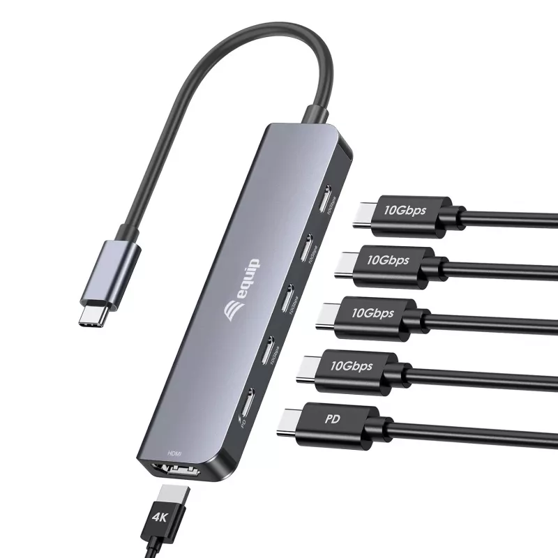 EQUIP USB-C 6‑in‑1 Multifunctional Adapter — HDMI 4K/60Hz, 4× USB‑C Gen2 (10Gbps), 100W PD, 0.25 m kaabel, hall