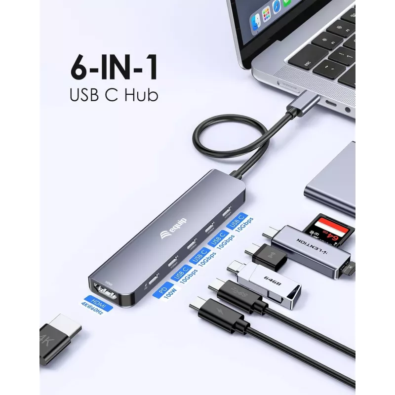 EQUIP USB-C 6‑in‑1 Multifunctional Adapter — HDMI 4K/60Hz, 4× USB‑C Gen2 (10Gbps), 100W PD, 0.25 m kaabel, hall