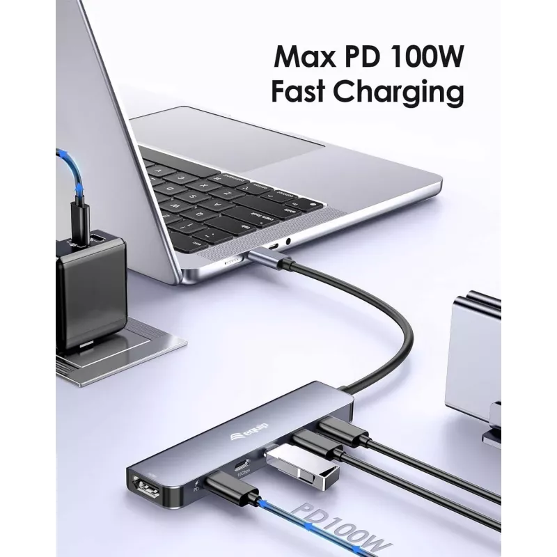EQUIP USB-C 6‑in‑1 Multifunctional Adapter — HDMI 4K/60Hz, 4× USB‑C Gen2 (10Gbps), 100W PD, 0.25 m kaabel, hall