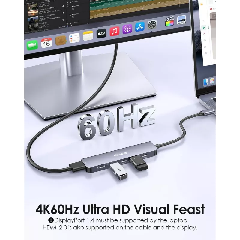 EQUIP USB-C 6‑in‑1 Multifunctional Adapter — HDMI 4K/60Hz, 4× USB‑C Gen2 (10Gbps), 100W PD, 0.25 m kaabel, hall