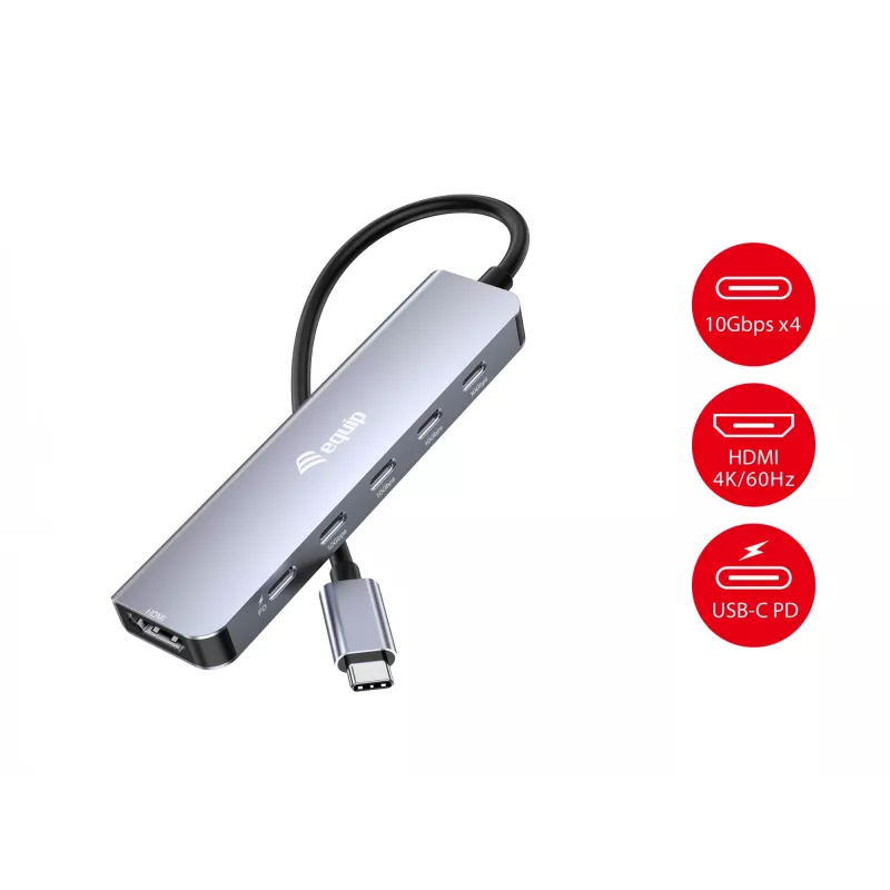 EQUIP USB-C 6‑in‑1 Multifunctional Adapter — HDMI 4K/60Hz, 4× USB‑C Gen2 (10Gbps), 100W PD, 0.25 m kaabel, hall