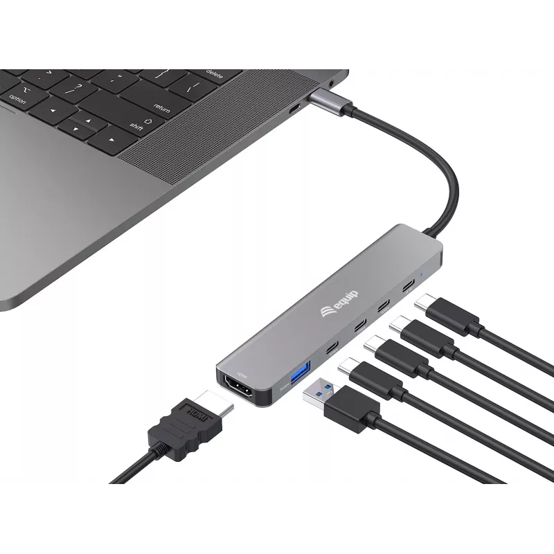 Equip USB-C 6-in-1 multifunktsionaalne adapter, HDMI 4K/30Hz, USB-C x 4, USB-A x 1, 5Gbps, 100W USB PD