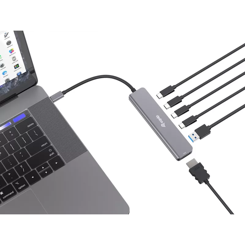 Equip USB-C 6-in-1 multifunktsionaalne adapter, HDMI 4K/30Hz, USB-C x 4, USB-A x 1, 5Gbps, 100W USB PD
