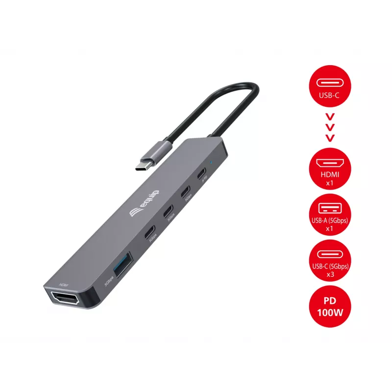 Equip USB-C 6-in-1 multifunktsionaalne adapter, HDMI 4K/30Hz, USB-C x 4, USB-A x 1, 5Gbps, 100W USB PD