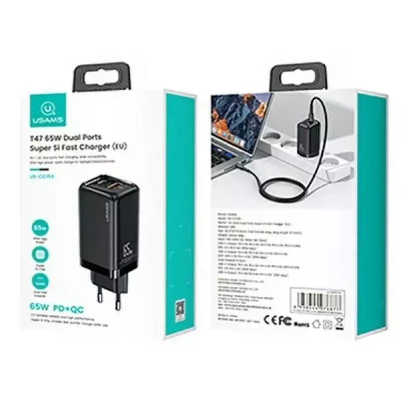 Laadija usams T47 USB / USB‑C 65W PD kiirlaadimine — 65 W USB Power Delivery, USB-A + USB-C pordid