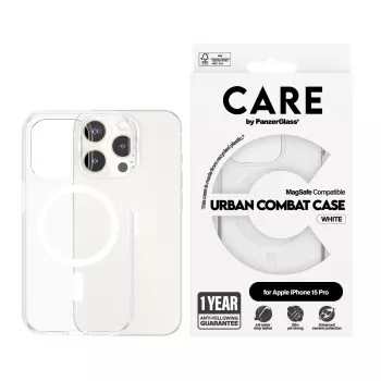 PanzerGlass CARE™ by ® Urban Combat Case läbipaistev valge MagSafe'iga iPhone 15 Pro jaoks