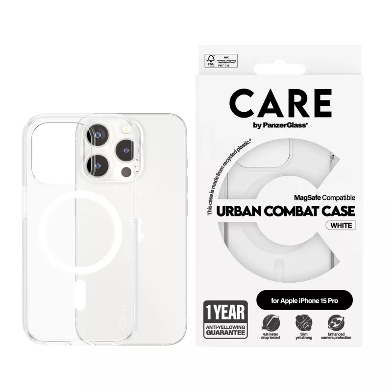 PanzerGlass CARE™ by ® Urban Combat Case läbipaistev valge MagSafe'iga iPhone 15 Pro jaoks