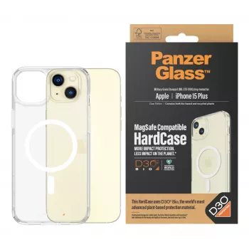 Kaitsev HardCase MagSafe telefoniümbris PanzerGlass iPhone 15 Plus jaoks — läbipaistev taaskasutatud plast, sobib 6,69-tollisele ekraanile