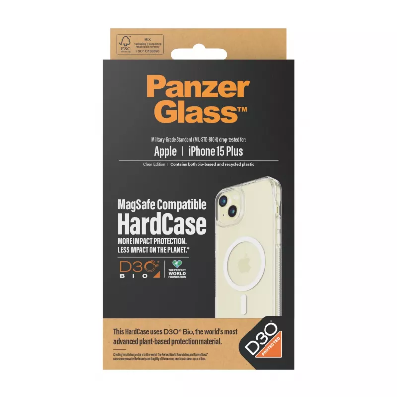 Kaitsev HardCase MagSafe telefoniümbris PanzerGlass iPhone 15 Plus jaoks — läbipaistev taaskasutatud plast, sobib 6,69-tollisele ekraanile