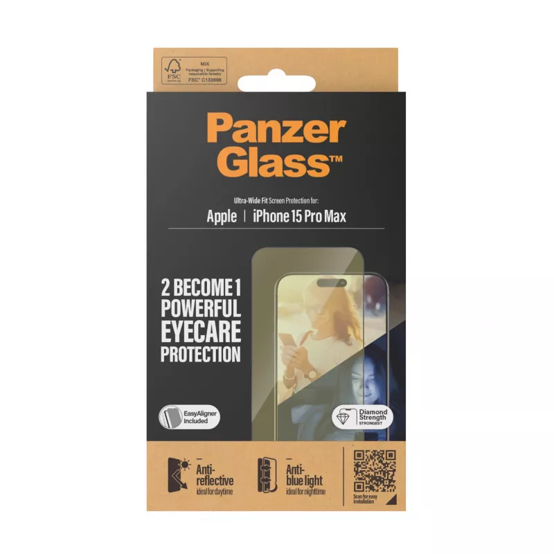 PanzerGlass ® EyeCARE™ ekraanikaitse iPhone 15 Pro Max | Ultra-Wide Fit koos EasyAligneriga