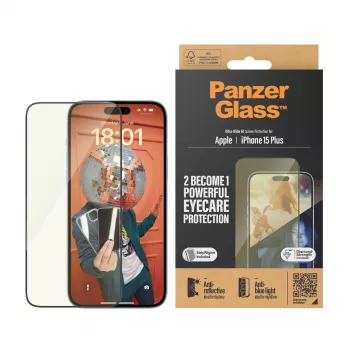 Karastatud klaasist ekraanikaitse PanzerGlass Eyecare iPhone 15 Plus jaoks — ülilai sobivus, põrutuskindel, kuiv pealekandmine