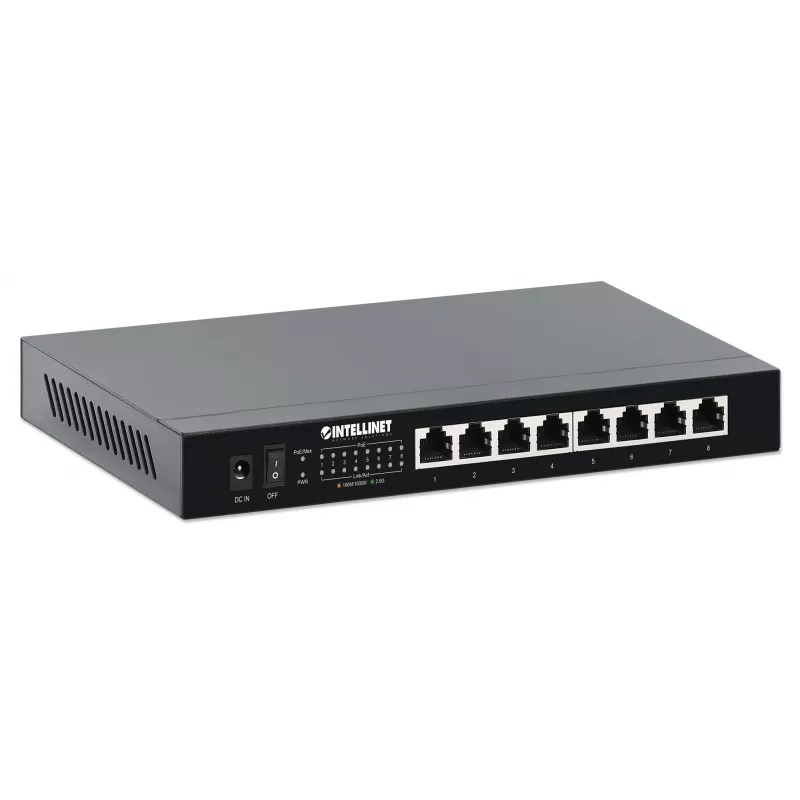 Intellinet 8-pordiline 2.5G Ethernet PoE+ kommutaator Kaheksa 10/100/1000/2500 Mbps PSE PoE+ porti, 100 W PoE eelarve, haldamata, lauaformaadis, seinale kinnitatav