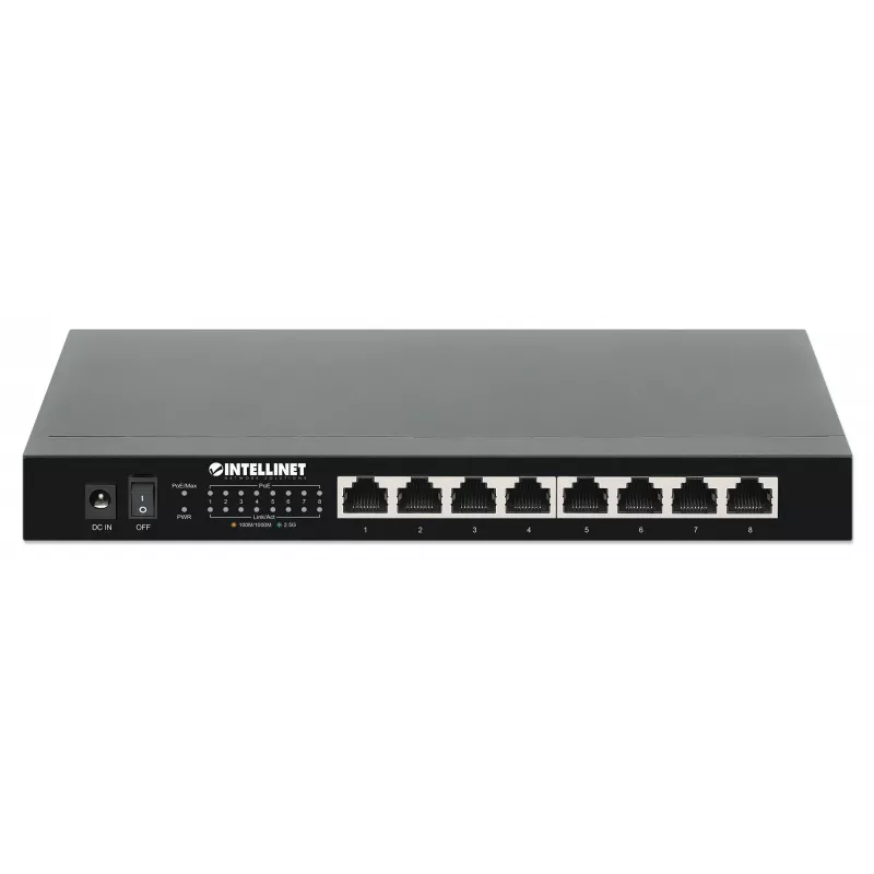 Intellinet 8-pordiline 2.5G Ethernet PoE+ kommutaator Kaheksa 10/100/1000/2500 Mbps PSE PoE+ porti, 100 W PoE eelarve, haldamata, lauaformaadis, seinale kinnitatav