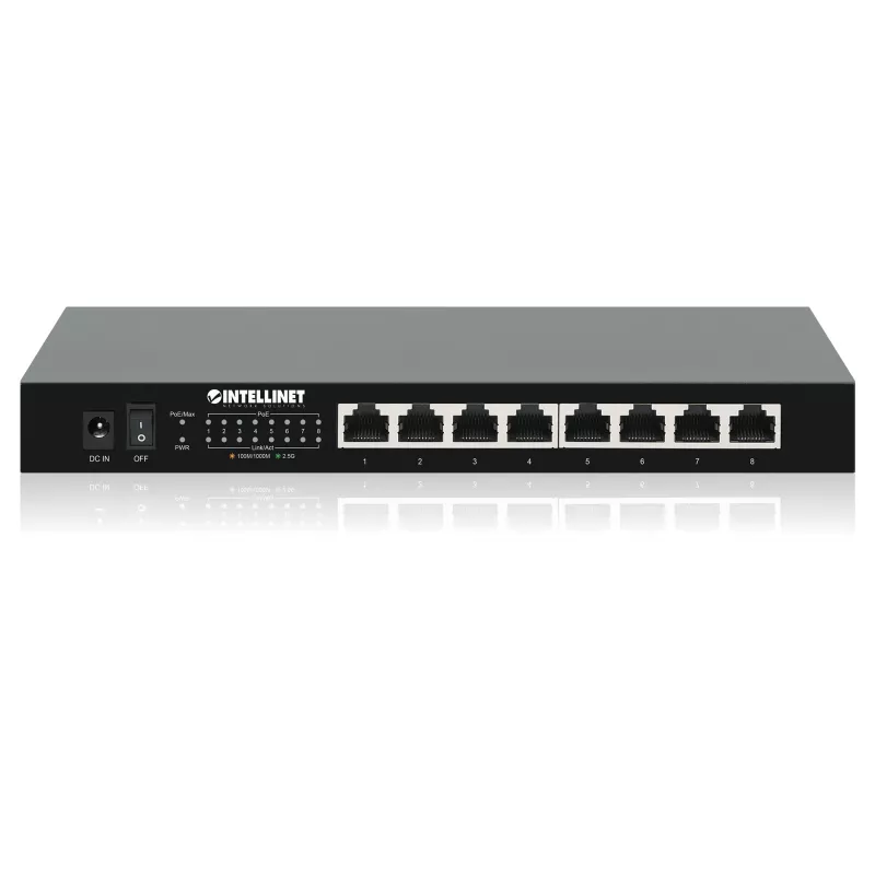 Intellinet 8-pordiline 2.5G Ethernet PoE+ kommutaator Kaheksa 10/100/1000/2500 Mbps PSE PoE+ porti, 100 W PoE eelarve, haldamata, lauaformaadis, seinale kinnitatav