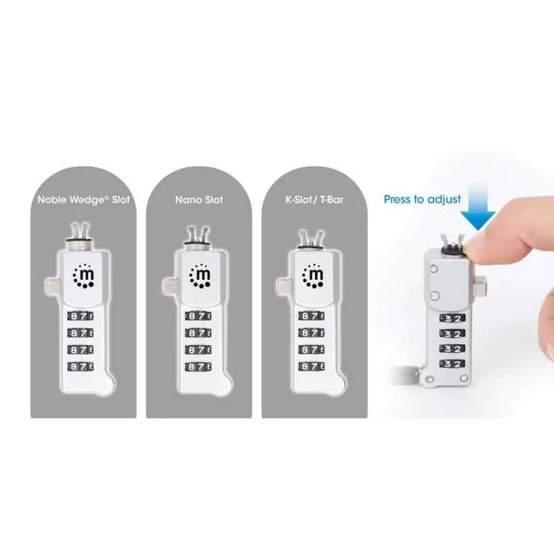 Manhattan Universaalne sülearvuti kombinatsioonlukk Noble Wedge®, Nano ja K-Slot jaoks, turvaline 3-ühes sülearvuti vargusvastane lukk, lähtestatav 4-kohaline kombinatsioon, 1,8 m, lõikekindel süsinikteraskaabel, läbipaistev PVC-kate, hõbedane