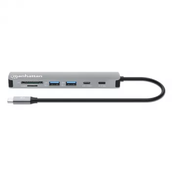 Manhattan USB-C Dock/Hub kaardilugejaga, pordid (x5): HDMI, USB-A (x2) ja USB-C (x2), toiteedastusega (PD) 100 W – vajab välist USB-C laadijat (ei ole kaasas). USB-toitega (välist toiteallikat pole vaja), kui PD-d ei kasutata.