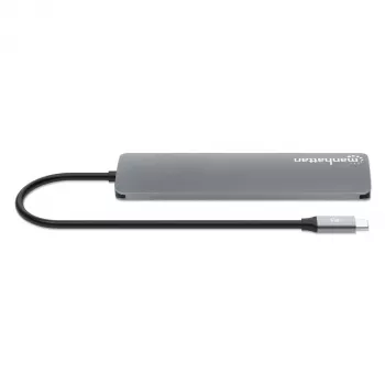 Manhattan USB-C Dock/Hub kaardilugejaga, pordid (x5): HDMI, USB-A (x2) ja USB-C (x2), toiteedastusega (PD) 100 W – vajab välist USB-C laadijat (ei ole kaasas). USB-toitega (välist toiteallikat pole vaja), kui PD-d ei kasutata.