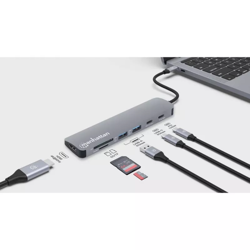 Manhattan USB-C Dock/Hub kaardilugejaga, pordid (x5): HDMI, USB-A (x2) ja USB-C (x2), toiteedastusega (PD) 100 W – vajab välist USB-C laadijat (ei ole kaasas). USB-toitega (välist toiteallikat pole vaja), kui PD-d ei kasutata.