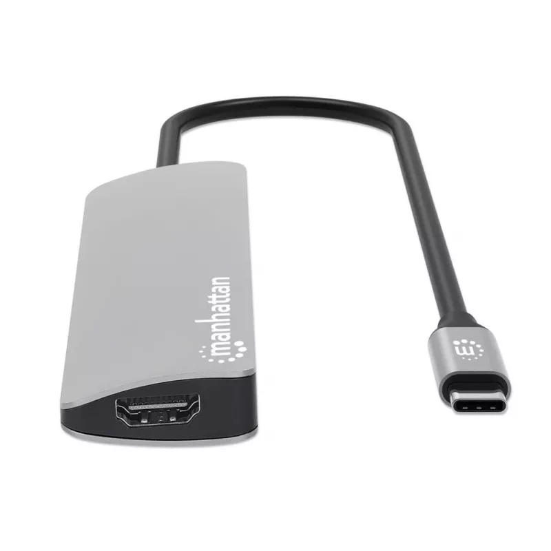 Manhattan USB-C Dock/Hub kaardilugejaga, pordid (x5): HDMI, USB-A (x2) ja USB-C (x2), toiteedastusega (PD) 100 W – vajab välist USB-C laadijat (ei ole kaasas). USB-toitega (välist toiteallikat pole vaja), kui PD-d ei kasutata.