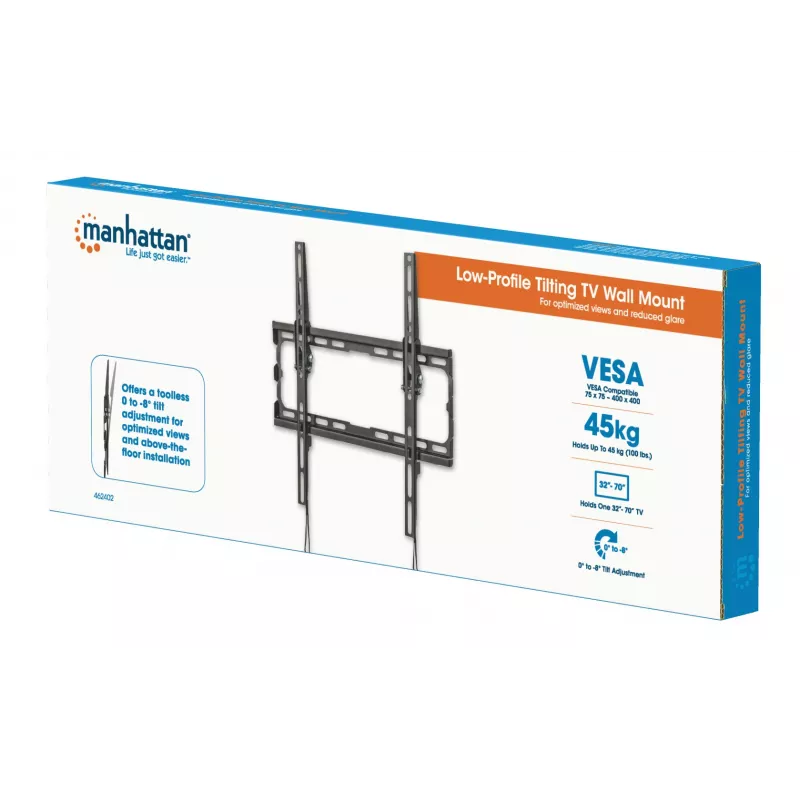 Manhattan seinale kinnitus telerile ja monitoridele (kallutatav), Ekraanidele 32 tolli kuni 55 tolli, VESA ühilduvus: kõik vahemikus 200x200mm kuni 400x400mm - kontrollige ekraani tagaküljel olevate nelja kinnitusava mõõtmeid, et tagada sobivus, Max 35kg, Must, Kronstein