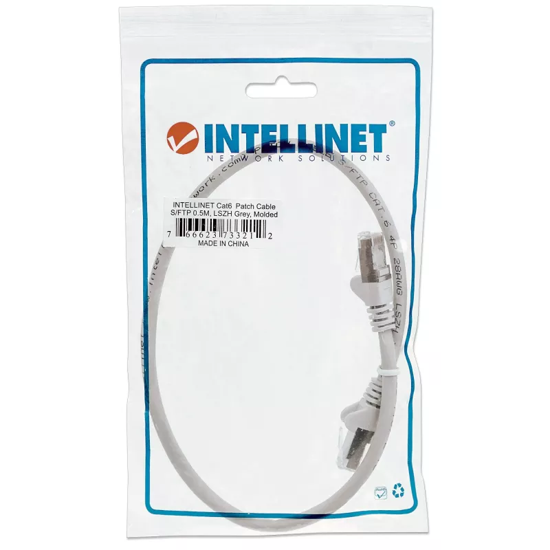 Intellinet võrguparanduskaabel, Cat6, 0,5 m, hall, vask, S/FTP, LSOH / LSZH, PVC, RJ45, kullatud kontaktid, takerdumisvastane, kaitsvaotsaga, eluaegne garantii