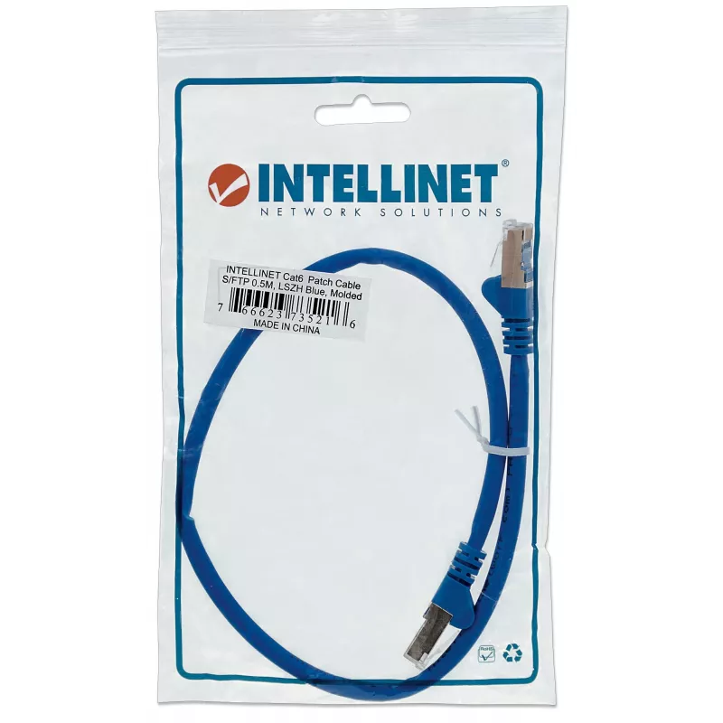 Intellinet võrgukaabel, Cat6, 0,5 m, sinine, vask, S/FTP, LSOH/LSZH, PVC, RJ45, kullatud kontaktid, rippumisvastane, kaitsemuhviga, eluaegne garantii
