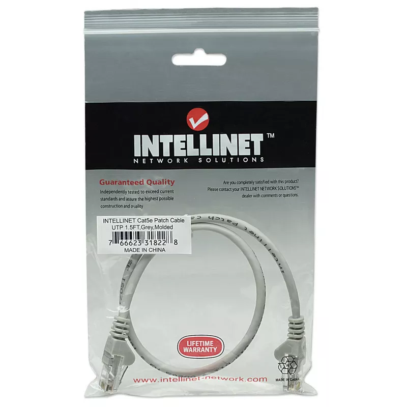 Intellinet võrgukaabel, Cat5e, 0,5 m, hall, CCA, U/UTP, PVC, RJ45, kullatud kontaktid, takerdumisvastane, kaitstud, eluaegne garantii