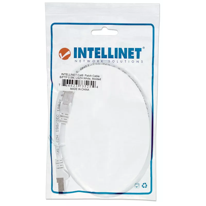 Intellinet võrgukaabel, Cat6, 0,5 m, valge, vask, S/FTP, LSOH/LSZH, PVC, RJ45, kullatud kontaktid, tõmblukuta, kaablikaitsega, eluaegne garantii