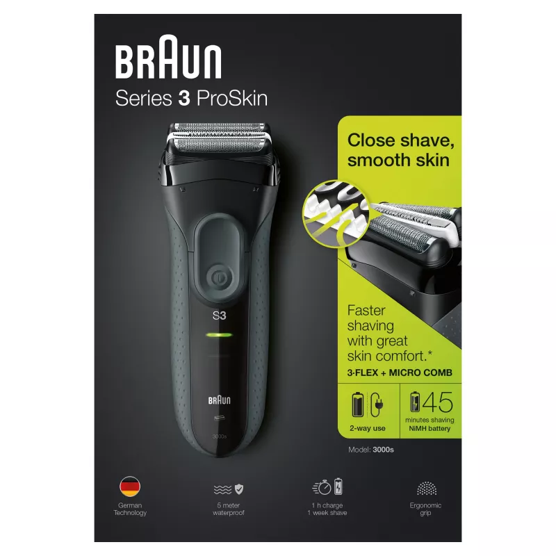 Braun Series 3 Series 3000 pardel, fooliumpardel, must, 2 SensoFoil, LED, toide, vooluvõrk/aku